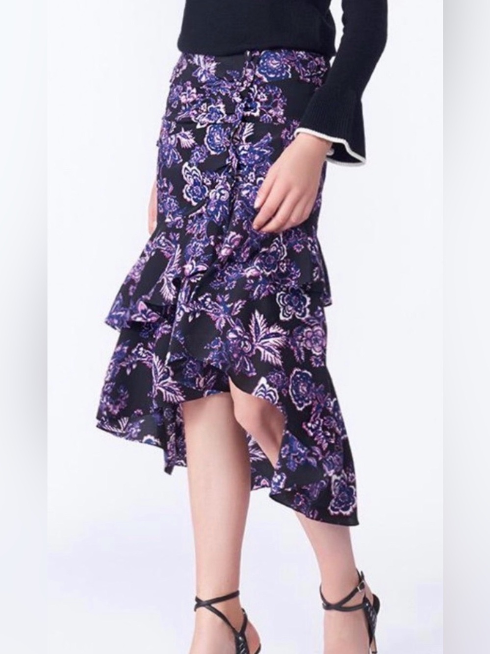 Veronica Beard Dane Floral 100% Silk Ruffle Midi Skirt Size 4